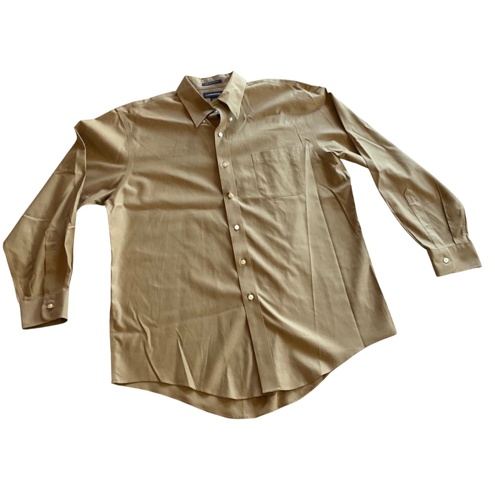 Lands End Mens Tan Pinpoint Oxford Button Down Long Sleeve Dress Shirt 16 1/2 34